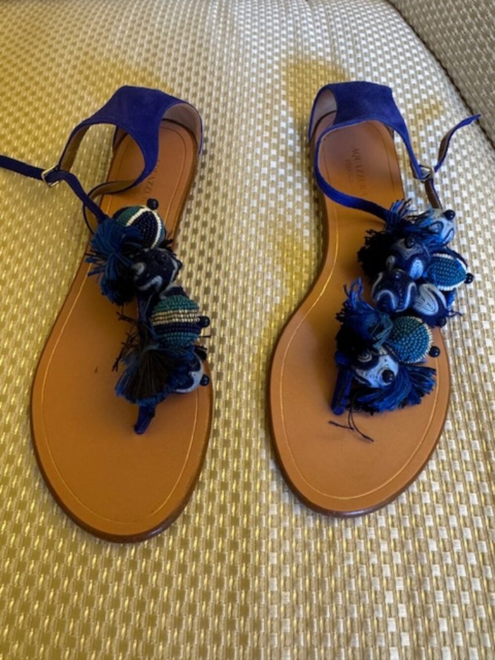 Aquazzura Firenze Blue Suede Sandals w/ Exotic Tassel & Bead Detail, Size 36.5